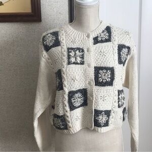Liz Claiborne Cream and Gray Snowflake Knitted Cardigan Sweater Size P/P